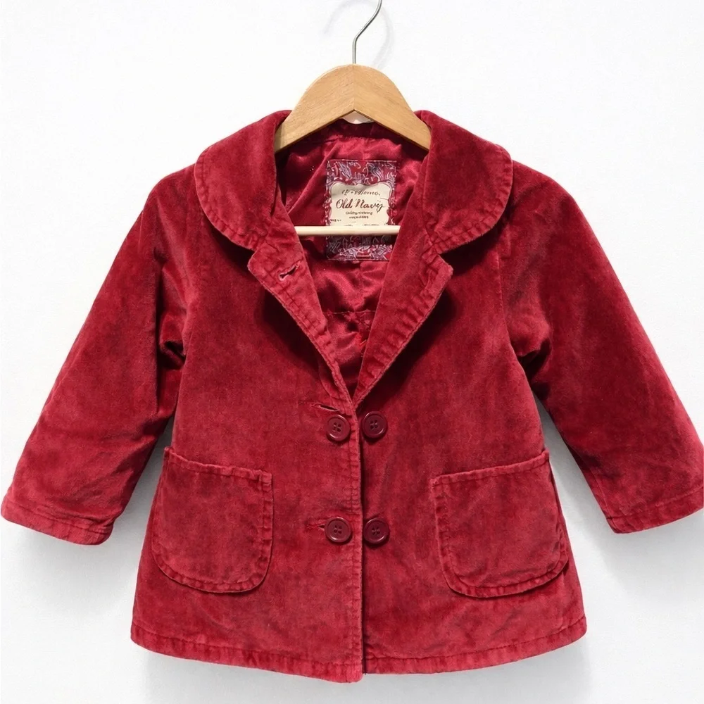 Old Navy Toddler Burgundy Velvet Pea Coat Jacket Girls 12–18 Months Dress Coat